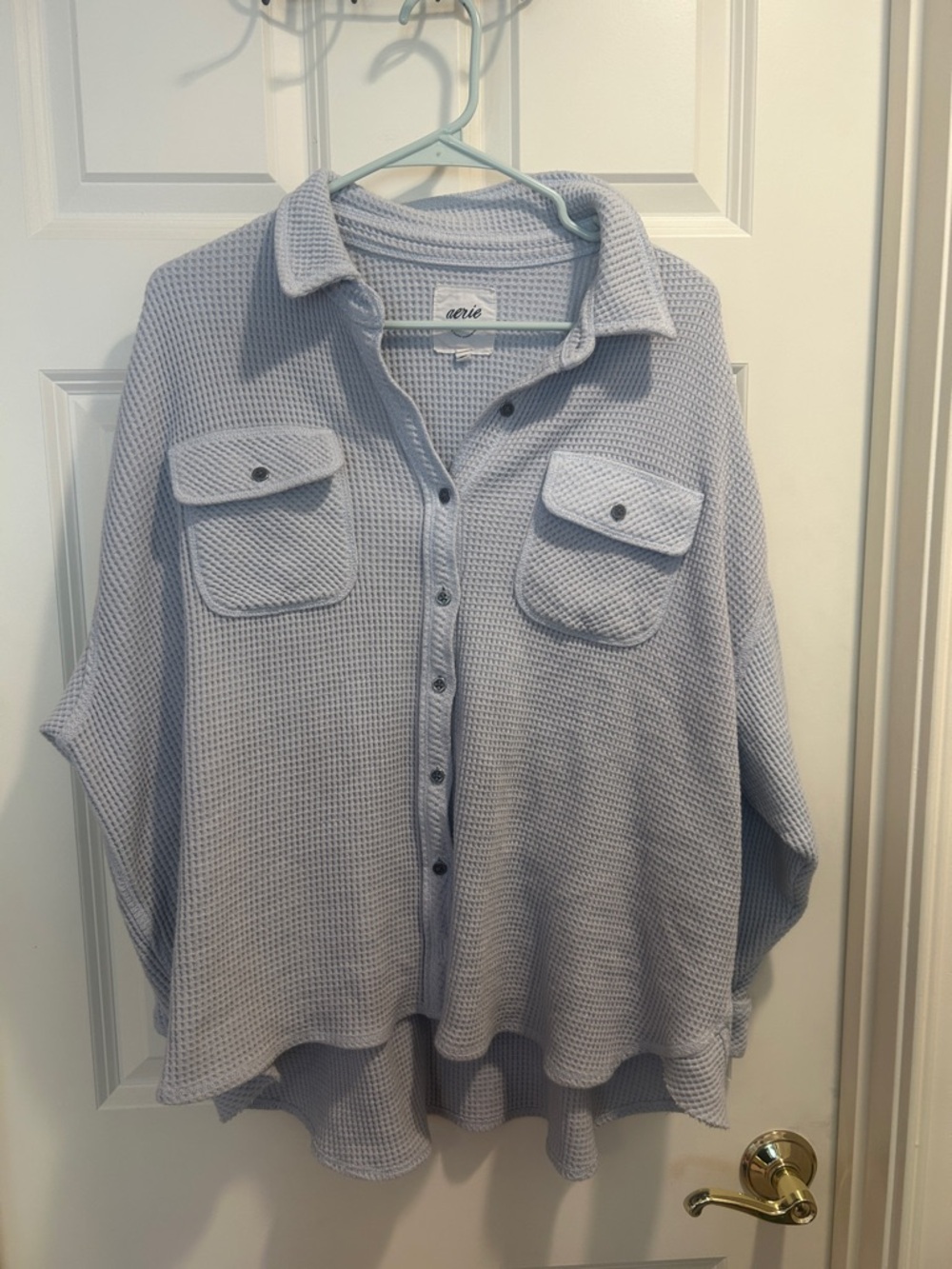 Aerie Over-sized Pale Blue Waffle Knit Button-Down Shirt